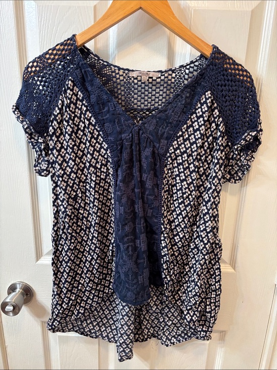Miss Me Tops - Miss Me Navy Crochet Yoke Printed Boxy lightweight Blouse Large